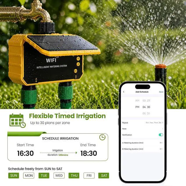 Alt view image 4 of 7 - Sprinkler Timer, Solar WiFi Water Timer for Garden Hose, 2 Zone Water Sprinkler with Rain Sensor and Manual Mode via APP/Voice Control, Automatic Irrigation Control System for Lawns, Yard and Pool