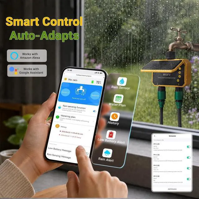 Alt view image 5 of 7 - Sprinkler Timer, Solar WiFi Water Timer for Garden Hose, 2 Zone Water Sprinkler with Rain Sensor and Manual Mode via APP/Voice Control, Automatic Irrigation Control System for Lawns, Yard and Pool
