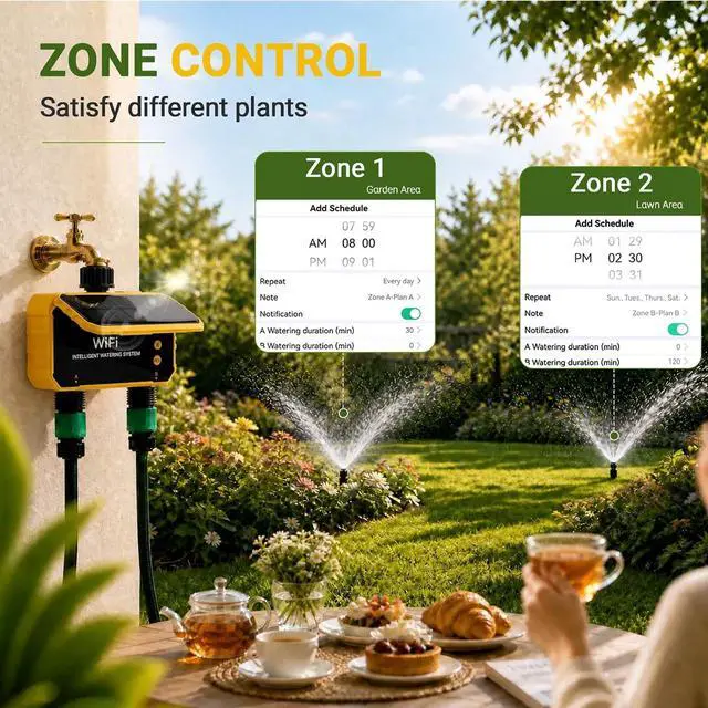 Alt view image 6 of 7 - Sprinkler Timer, Solar WiFi Water Timer for Garden Hose, 2 Zone Water Sprinkler with Rain Sensor and Manual Mode via APP/Voice Control, Automatic Irrigation Control System for Lawns, Yard and Pool