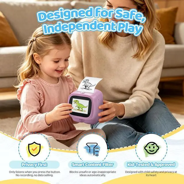 Alt view image 3 of 7 - AI Voice Sticker Maker for Kids, Mini Thermal Printer, Pink Dino