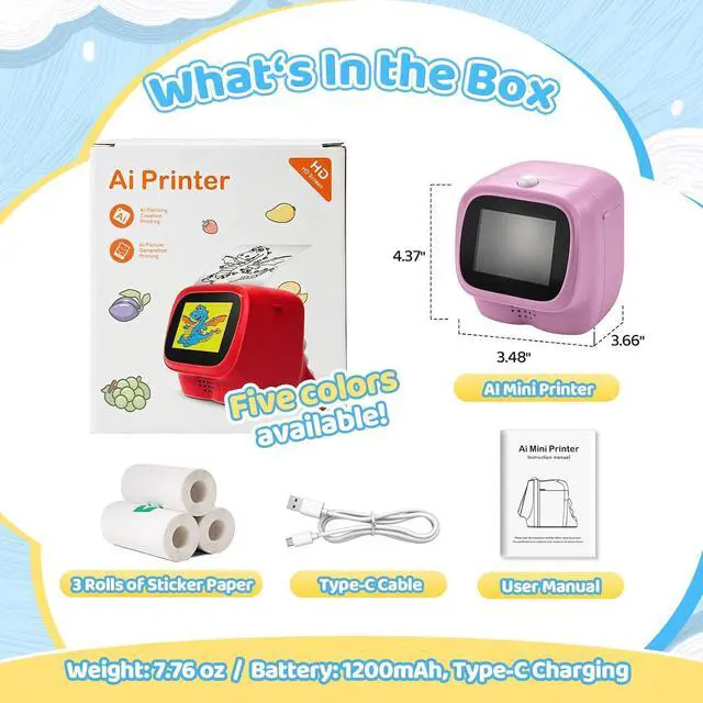 Alt view image 6 of 7 - AI Voice Sticker Maker for Kids, Mini Thermal Printer, Pink Dino