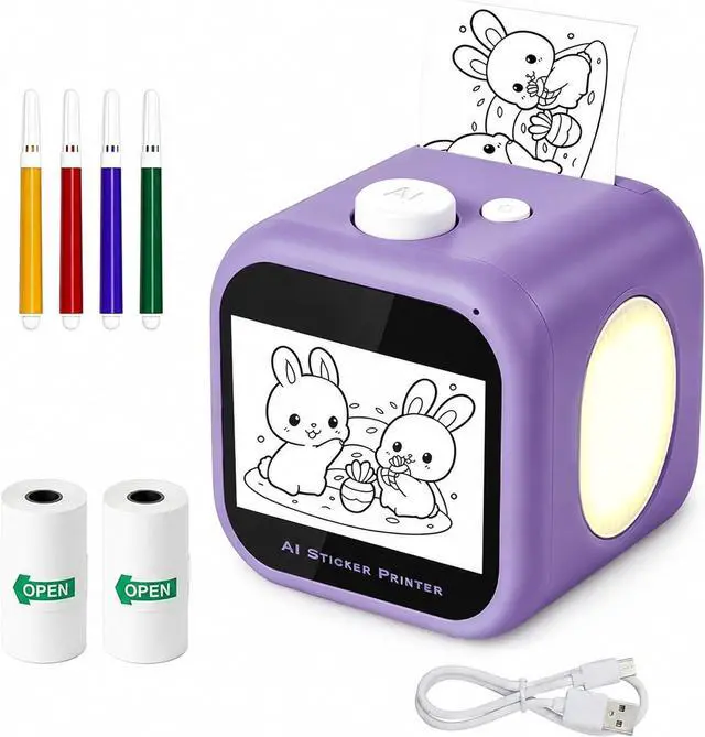 Main image of AI Voice Mini Sticker Printer for Kids, Portable Thermal Sticker Maker with Touchscreen, 3 Art Modes, Multilingual Recognition, Black-and-White Printing, 2 Paper Rolls & 4 Colored Pens, Purple