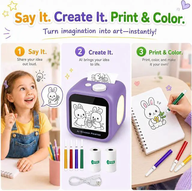 Alt view image 2 of 7 - AI Voice Mini Sticker Printer for Kids, Portable Thermal Sticker Maker with Touchscreen, 3 Art Modes, Multilingual Recognition, Black-and-White Printing, 2 Paper Rolls & 4 Colored Pens, Purple