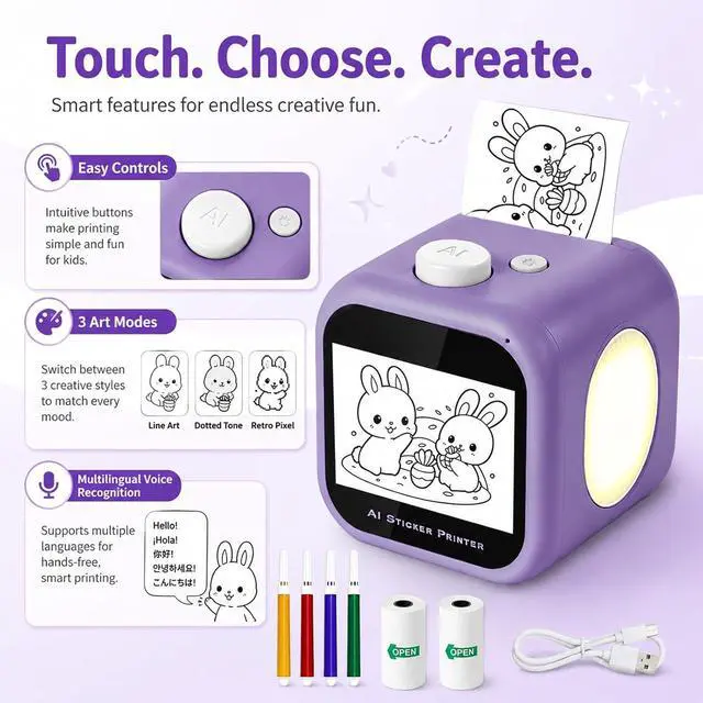 Alt view image 3 of 7 - AI Voice Mini Sticker Printer for Kids, Portable Thermal Sticker Maker with Touchscreen, 3 Art Modes, Multilingual Recognition, Black-and-White Printing, 2 Paper Rolls & 4 Colored Pens, Purple
