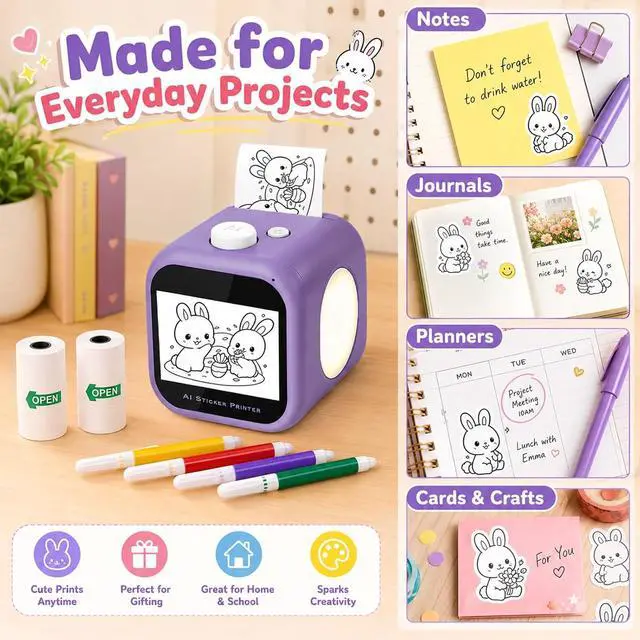 Alt view image 4 of 7 - AI Voice Mini Sticker Printer for Kids, Portable Thermal Sticker Maker with Touchscreen, 3 Art Modes, Multilingual Recognition, Black-and-White Printing, 2 Paper Rolls & 4 Colored Pens, Purple