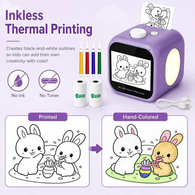 Alt view image 5 of 7 - AI Voice Mini Sticker Printer for Kids, Portable Thermal Sticker Maker with Touchscreen, 3 Art Modes, Multilingual Recognition, Black-and-White Printing, 2 Paper Rolls & 4 Colored Pens, Purple