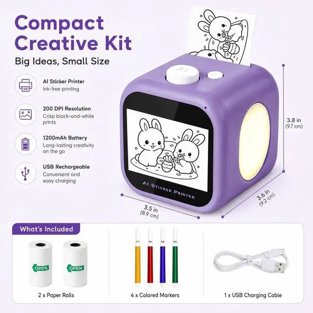 Alt view image 6 of 7 - AI Voice Mini Sticker Printer for Kids, Portable Thermal Sticker Maker with Touchscreen, 3 Art Modes, Multilingual Recognition, Black-and-White Printing, 2 Paper Rolls & 4 Colored Pens, Purple