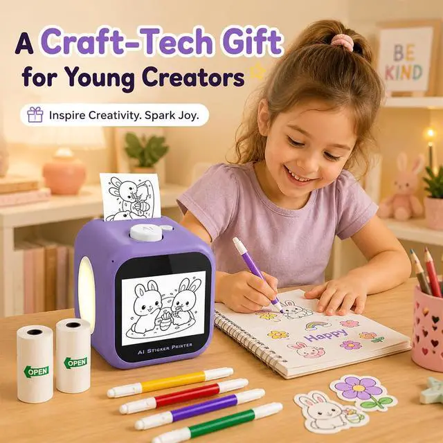 Alt view image 7 of 7 - AI Voice Mini Sticker Printer for Kids, Portable Thermal Sticker Maker with Touchscreen, 3 Art Modes, Multilingual Recognition, Black-and-White Printing, 2 Paper Rolls & 4 Colored Pens, Purple