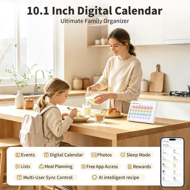 Alt view image 2 of 7 - Smart Digital Calendar 10.1 Inch, Electronic Family Calendar Planner with Touchscreen, Shared Chore Chart, Meal Planner, To Do List & Schedule Board, WiFi Digital Family Command Center, Photo Frame