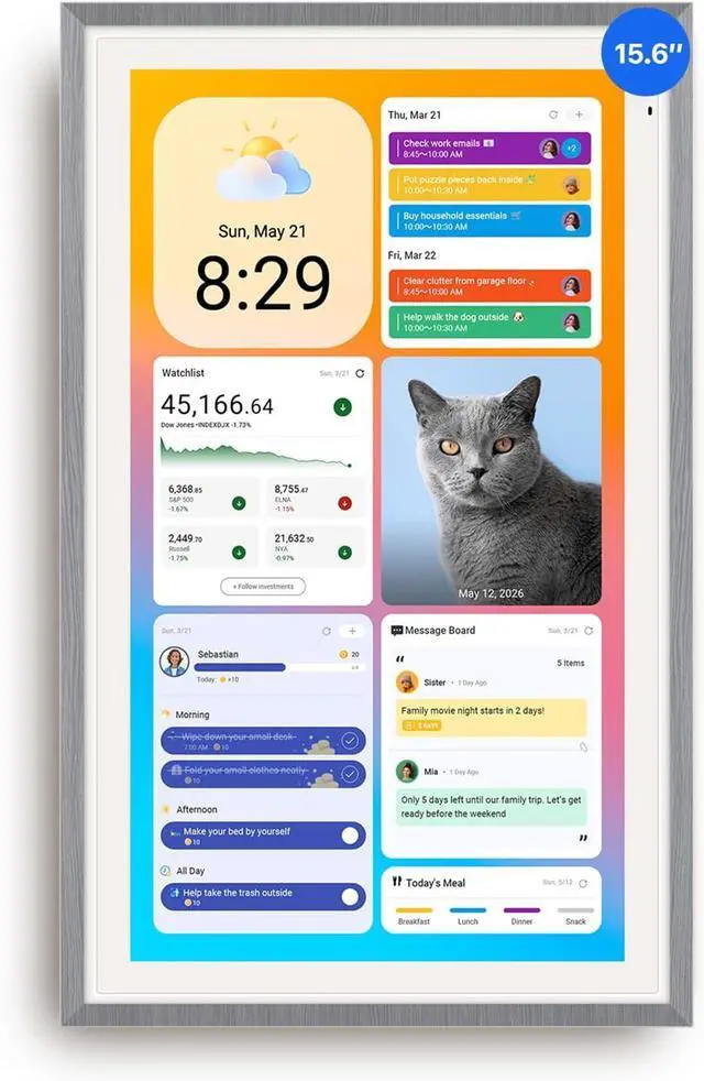 Main image of 15.6-inch Digital Calendar, Smart Wall Planner with Calendar Sync, Chore Chart, Meal, Install Apps & Widget, Electronic Touchscreen Display for Family Schedules, Dual Mode, with Stand (Gray)