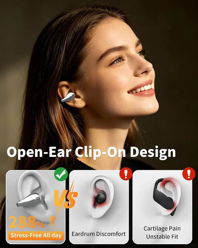 Alt view image 2 of 7 - Ultra Open Ear Clip on Ear Buds Wireless Bluetooth with AI Translation Earbuds Real Time 50H Playtime Bone Conduction Headphones for Travel, Meetings (Black)