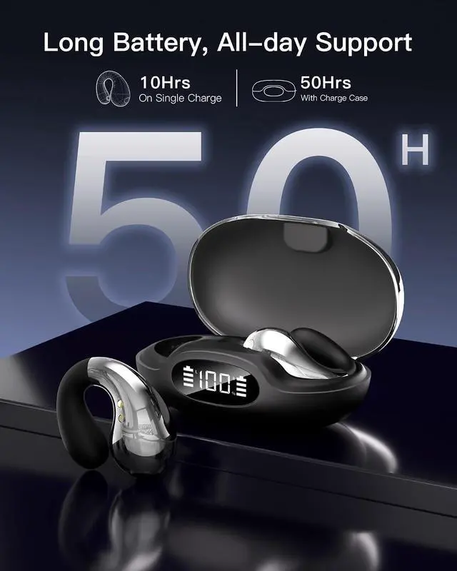 Alt view image 4 of 7 - Ultra Open Ear Clip on Ear Buds Wireless Bluetooth with AI Translation Earbuds Real Time 50H Playtime Bone Conduction Headphones for Travel, Meetings (Black)