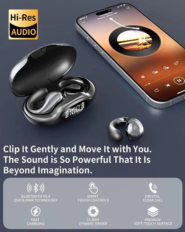 Alt view image 6 of 7 - Ultra Open Ear Clip on Ear Buds Wireless Bluetooth with AI Translation Earbuds Real Time 50H Playtime Bone Conduction Headphones for Travel, Meetings (Black)