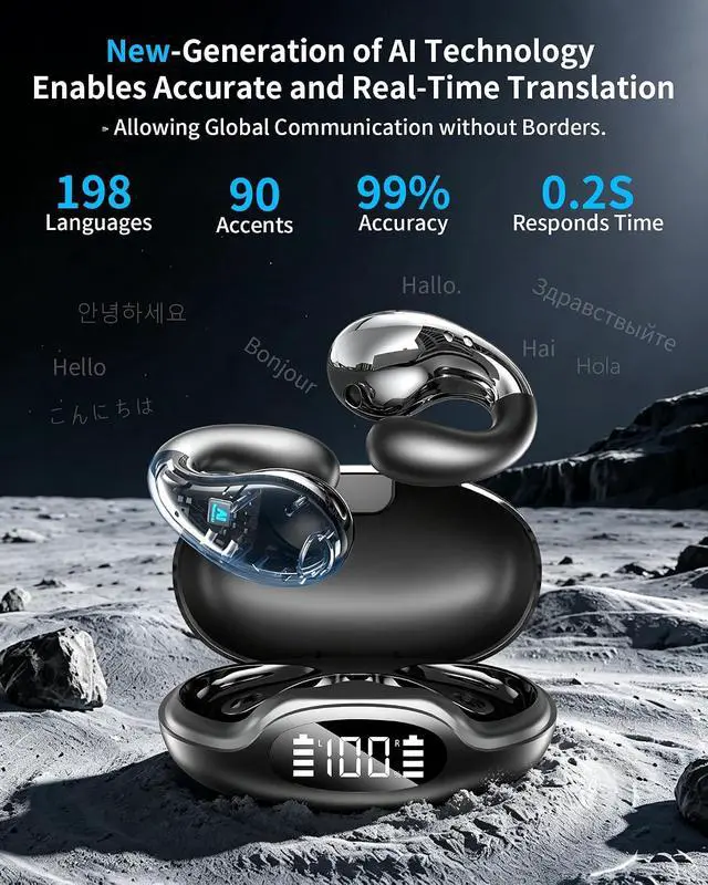 Alt view image 7 of 7 - Ultra Open Ear Clip on Ear Buds Wireless Bluetooth with AI Translation Earbuds Real Time 50H Playtime Bone Conduction Headphones for Travel, Meetings (Black)