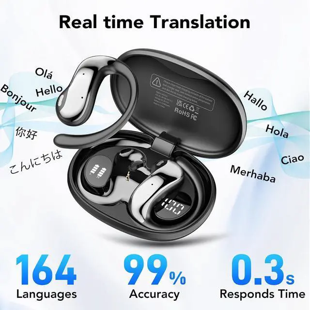 Alt view image 4 of 7 - Open-Ear Headphones with AI Translation Earbuds Real Time, Supports 164 Languages, 50H Playtime, Powerful Sound, LED Display, 3-in-1 Translation Headphones, for Business/Gym/Learning