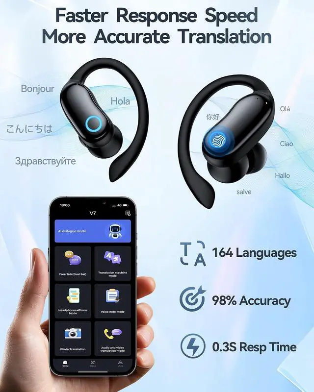 Alt view image 6 of 7 - Active Noise Cancelling Ear Buds AI Translation Wireless Earbuds 96hrs Playback Bluetooth Headphones Dual Battery Display Stereo Bass Earphones with Earhooks Microphone for Sports/Runing/Workout