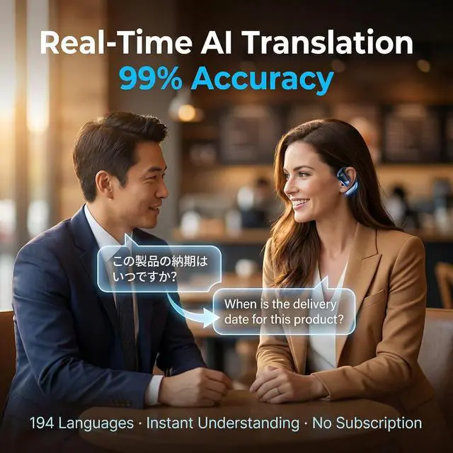 Alt view image 3 of 7 - AI Translation Earbuds Real Time 194 Languages Translator Earbuds, No Subscription, 60H Battery Open Ear Bluetooth 6.1 Headphones, Audifonos Traductores Inglés Español for Travel Business Learning