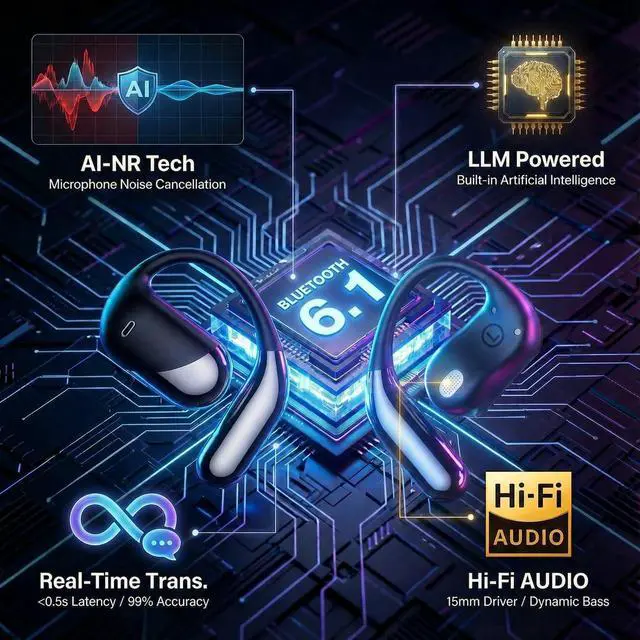 Alt view image 6 of 7 - AI Translation Earbuds Real Time 194 Languages Translator Earbuds, No Subscription, 60H Battery Open Ear Bluetooth 6.1 Headphones, Audifonos Traductores Inglés Español for Travel Business Learning