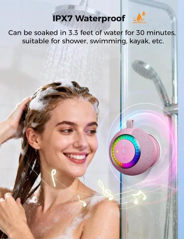 Alt view image 2 of 7 - Bluetooth Shower Speaker IPX7 Waterproof: Removable Suction Cup, Pink | 360° Surround Sound, Vacuum-Lock, RGB Light, Portable Wireless Speaker for Beach, Pool, Kayak, Gifts for Adults Teens