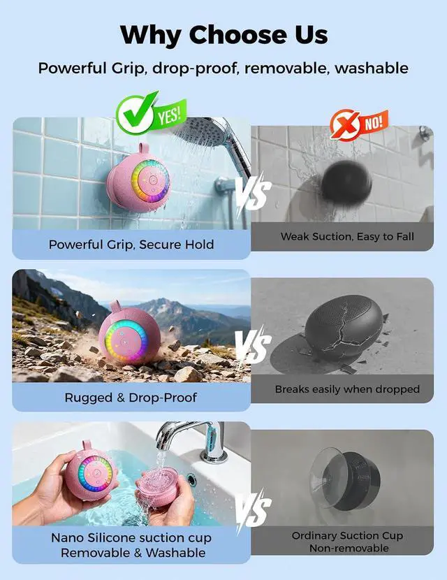 Alt view image 6 of 7 - Bluetooth Shower Speaker IPX7 Waterproof: Removable Suction Cup, Pink | 360° Surround Sound, Vacuum-Lock, RGB Light, Portable Wireless Speaker for Beach, Pool, Kayak, Gifts for Adults Teens