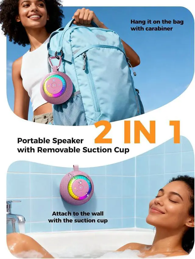 Alt view image 7 of 7 - Bluetooth Shower Speaker IPX7 Waterproof: Removable Suction Cup, Pink | 360° Surround Sound, Vacuum-Lock, RGB Light, Portable Wireless Speaker for Beach, Pool, Kayak, Gifts for Adults Teens