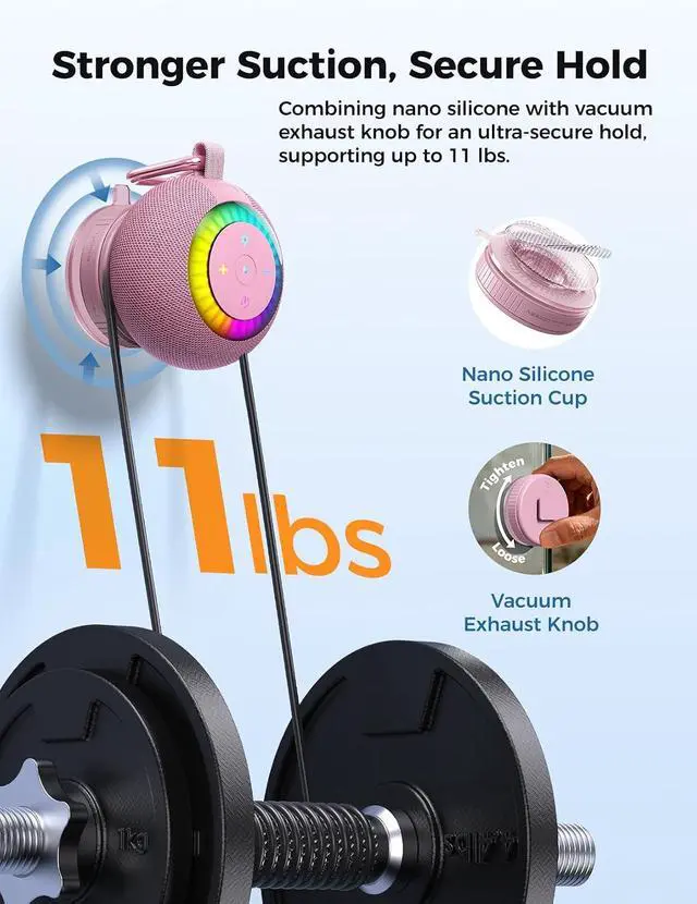 Alt view image 5 of 7 - Bluetooth Shower Speaker IPX7 Waterproof: Removable Suction Cup, Pink | 360° Surround Sound, Vacuum-Lock, RGB Light, Portable Wireless Speaker for Beach, Pool, Kayak, Gifts for Adults Teens