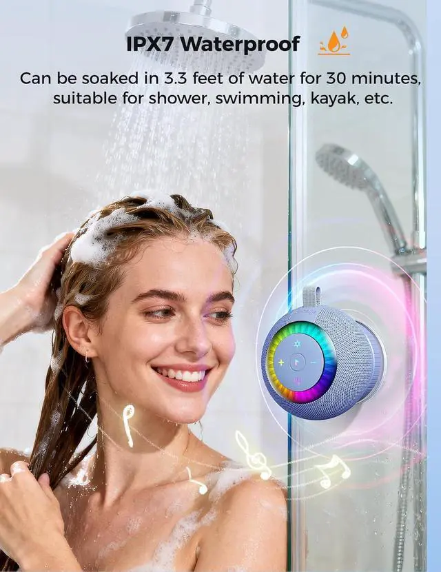 Alt view image 2 of 7 - Bluetooth Shower Speaker IPX7 Waterproof: Removable Suction Cup, Blue | 360° Surround Sound, Vacuum-Lock, RGB Light, Portable Wireless Speaker for Beach, Pool, Kayak, Gifts for Adults Teens