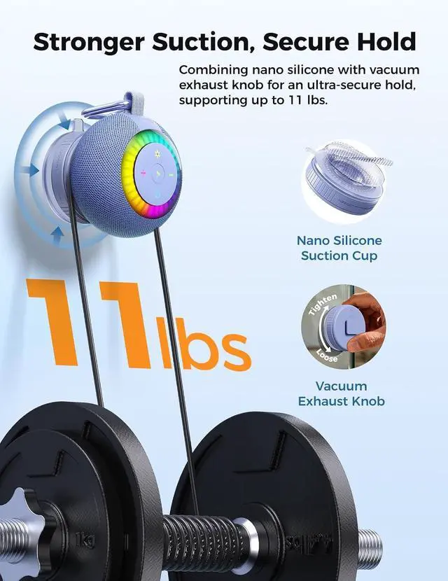 Alt view image 5 of 7 - Bluetooth Shower Speaker IPX7 Waterproof: Removable Suction Cup, Blue | 360° Surround Sound, Vacuum-Lock, RGB Light, Portable Wireless Speaker for Beach, Pool, Kayak, Gifts for Adults Teens