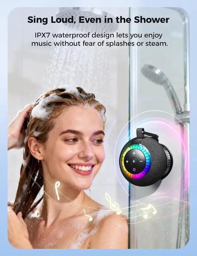 Alt view image 2 of 7 - Bluetooth Shower Speaker IPX7 Waterproof: Removable Suction Cup, Black | 360° Surround Sound, Vacuum-Lock, RGB Light, Portable Wireless Speaker for Beach, Pool, Kayak, Gifts for Adults Teens