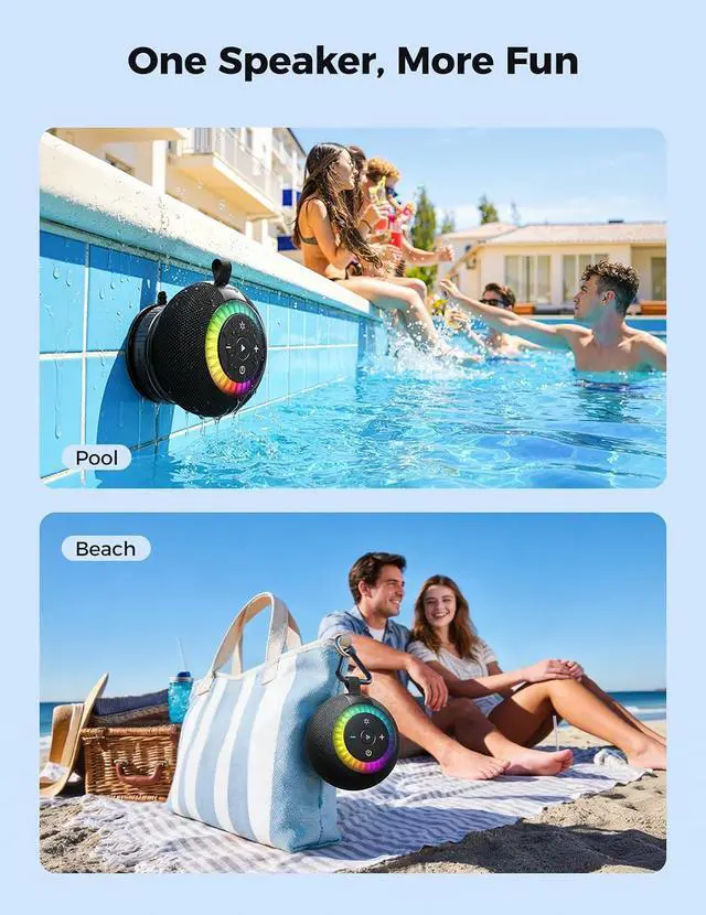 Alt view image 4 of 7 - Bluetooth Shower Speaker IPX7 Waterproof: Removable Suction Cup, Black | 360° Surround Sound, Vacuum-Lock, RGB Light, Portable Wireless Speaker for Beach, Pool, Kayak, Gifts for Adults Teens