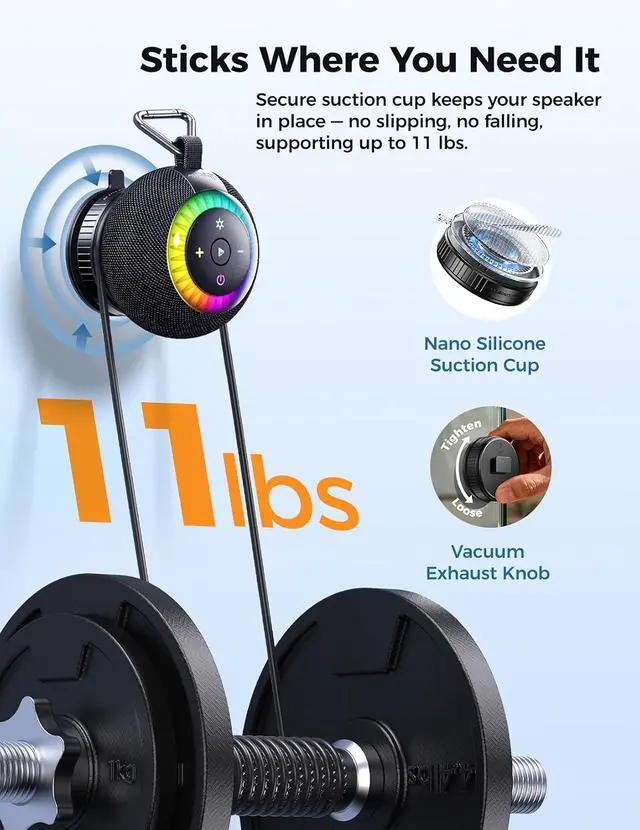 Alt view image 6 of 7 - Bluetooth Shower Speaker IPX7 Waterproof: Removable Suction Cup, Black | 360° Surround Sound, Vacuum-Lock, RGB Light, Portable Wireless Speaker for Beach, Pool, Kayak, Gifts for Adults Teens