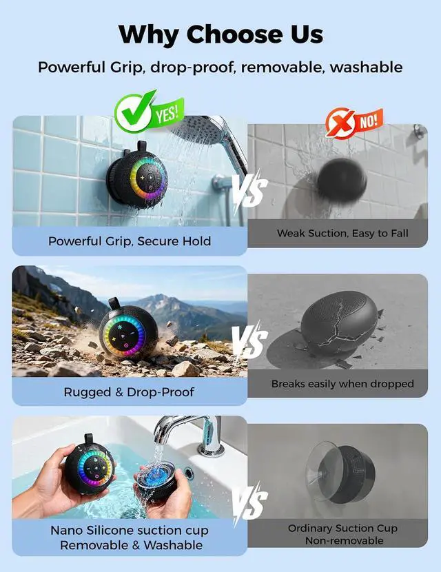 Alt view image 7 of 7 - Bluetooth Shower Speaker IPX7 Waterproof: Removable Suction Cup, Black | 360° Surround Sound, Vacuum-Lock, RGB Light, Portable Wireless Speaker for Beach, Pool, Kayak, Gifts for Adults Teens