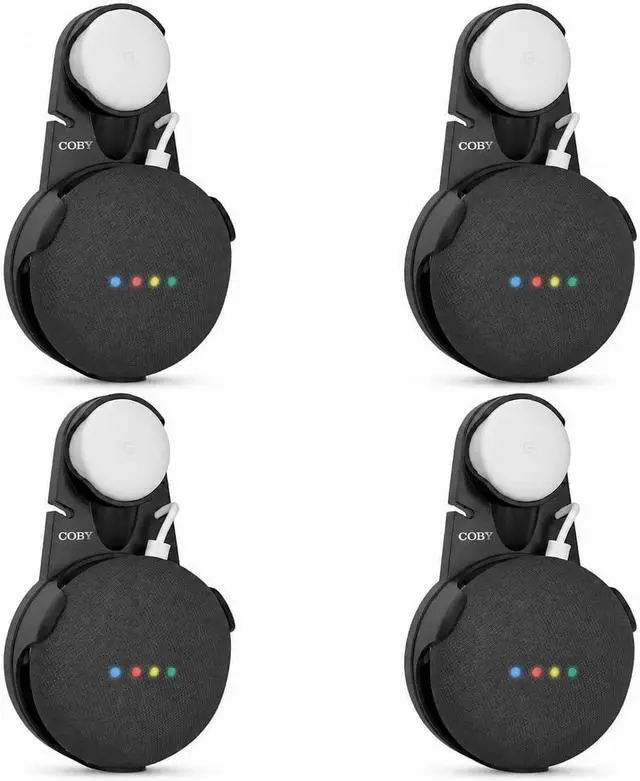 Main image of Wall Mount Holder for Google Nest Mini & Home Mini (1st & 2nd Gen) Smart Speaker Stand with Cord Management, Space-Saving No-Drill Outlet Mount for Clutter-Free Setup (Black - 4 Pack)