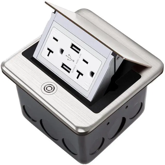 Main image of 4.8A USB Pop Up Floor Electrical Outlet Cover Box Kit | 20 Amp Chargers Pop Up Floor Waterproof Electrical Outlet Receptacle,Corrosive Resistant Hardware,ETL Listed,Metallic