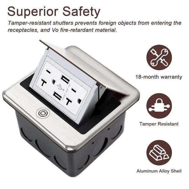 Alt view image 4 of 7 - 4.8A USB Pop Up Floor Electrical Outlet Cover Box Kit | 20 Amp Chargers Pop Up Floor Waterproof Electrical Outlet Receptacle,Corrosive Resistant Hardware,ETL Listed,Metallic