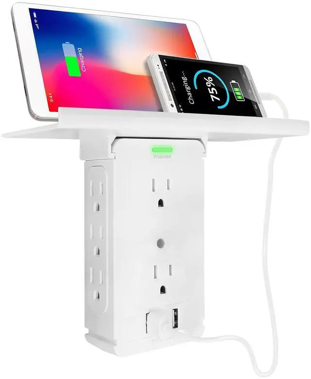 Main image of Surge Protector Wall Outlet, 8 Socket Extender with Removable Built-in Shelf, Wall Mount Shelf, Plug Adapter for Home, School, Office, White.