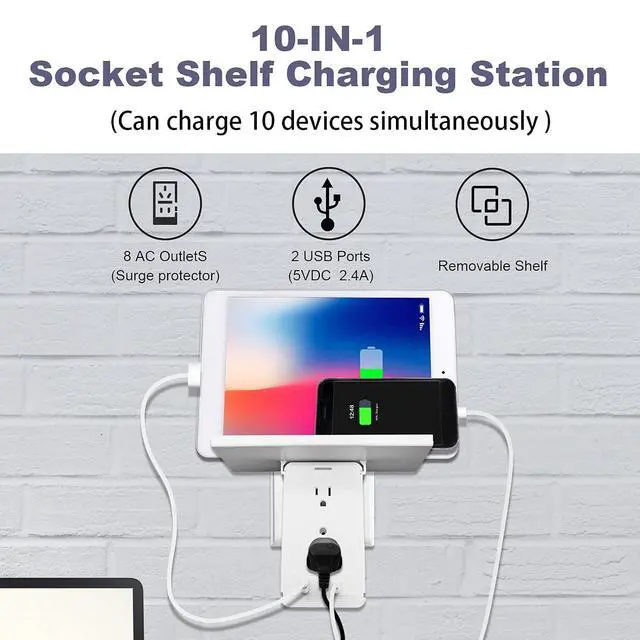 Alt view image 2 of 7 - Surge Protector Wall Outlet, 8 Socket Extender with Removable Built-in Shelf, Wall Mount Shelf, Plug Adapter for Home, School, Office, White.