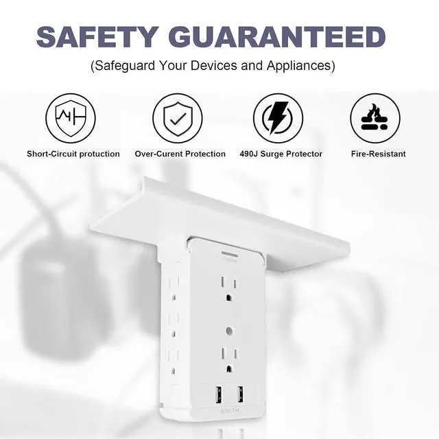 Alt view image 5 of 7 - Surge Protector Wall Outlet, 8 Socket Extender with Removable Built-in Shelf, Wall Mount Shelf, Plug Adapter for Home, School, Office, White.
