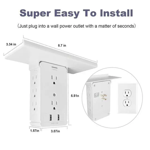 Alt view image 6 of 7 - Surge Protector Wall Outlet, 8 Socket Extender with Removable Built-in Shelf, Wall Mount Shelf, Plug Adapter for Home, School, Office, White.