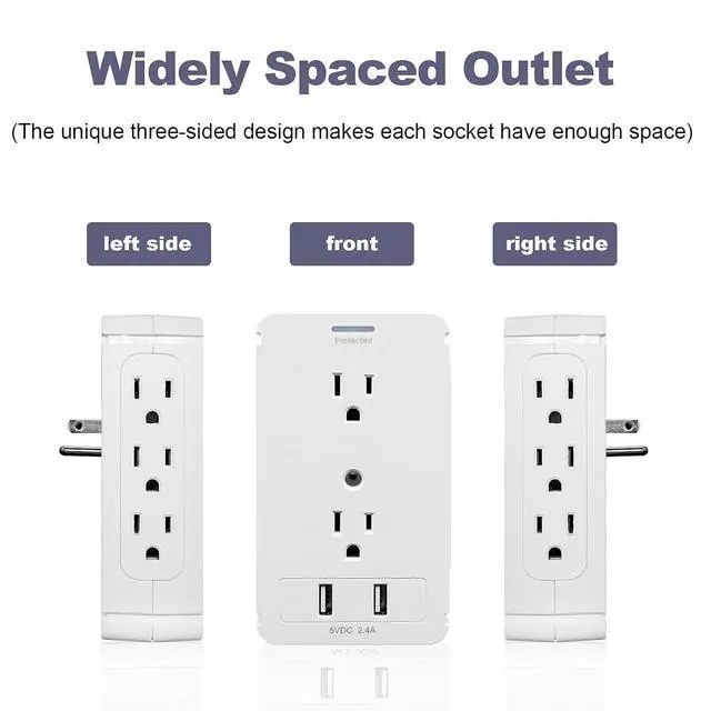 Alt view image 7 of 7 - Surge Protector Wall Outlet, 8 Socket Extender with Removable Built-in Shelf, Wall Mount Shelf, Plug Adapter for Home, School, Office, White.