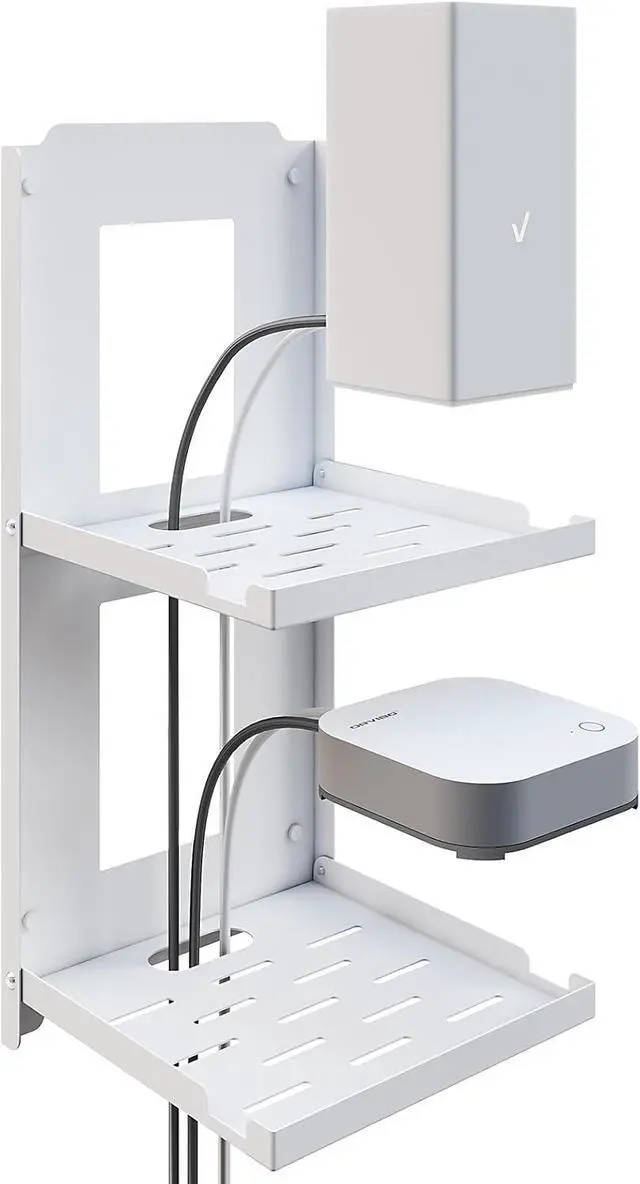 Main image of 2-Tier Small Shelf Wall Mount - 7.5 inch Folding Metal Outlet Shelf w/Cable Holes | Dual-Layer & Stackable Floating Organizer for WiFi Modem/Google Home/Speaker/Cameras (7.5 Wide)