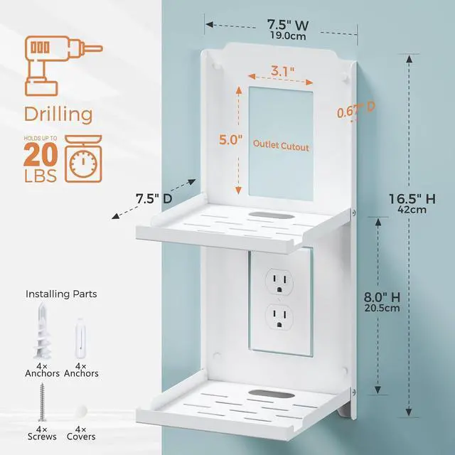 Alt view image 2 of 6 - 2-Tier Small Shelf Wall Mount - 7.5 inch Folding Metal Outlet Shelf w/Cable Holes | Dual-Layer & Stackable Floating Organizer for WiFi Modem/Google Home/Speaker/Cameras (7.5 Wide)