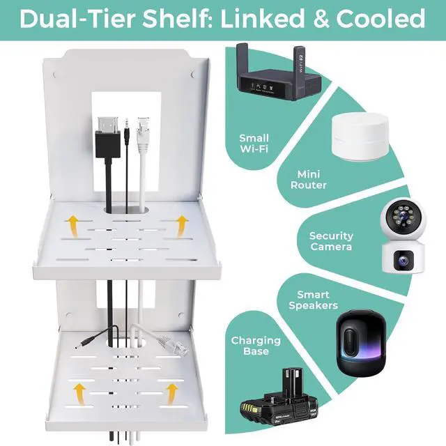 Alt view image 4 of 6 - 2-Tier Small Shelf Wall Mount - 7.5 inch Folding Metal Outlet Shelf w/Cable Holes | Dual-Layer & Stackable Floating Organizer for WiFi Modem/Google Home/Speaker/Cameras (7.5 Wide)