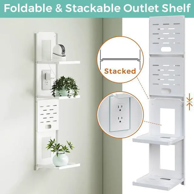 Alt view image 5 of 6 - 2-Tier Small Shelf Wall Mount - 7.5 inch Folding Metal Outlet Shelf w/Cable Holes | Dual-Layer & Stackable Floating Organizer for WiFi Modem/Google Home/Speaker/Cameras (7.5 Wide)