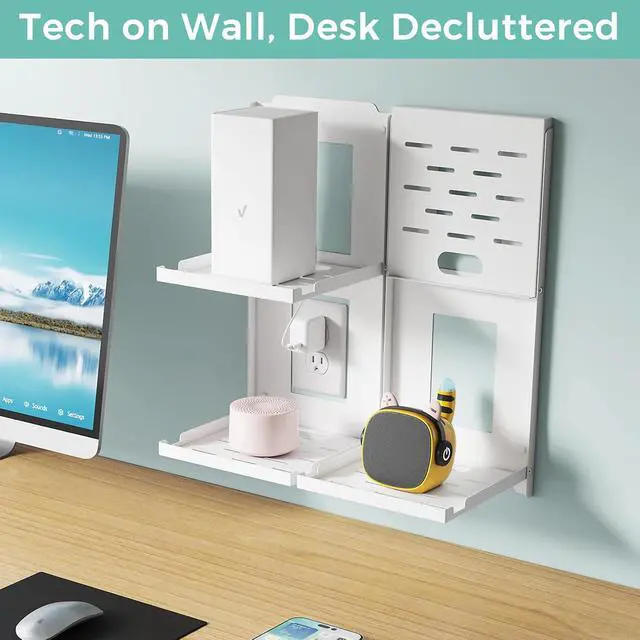 Alt view image 6 of 6 - 2-Tier Small Shelf Wall Mount - 7.5 inch Folding Metal Outlet Shelf w/Cable Holes | Dual-Layer & Stackable Floating Organizer for WiFi Modem/Google Home/Speaker/Cameras (7.5 Wide)