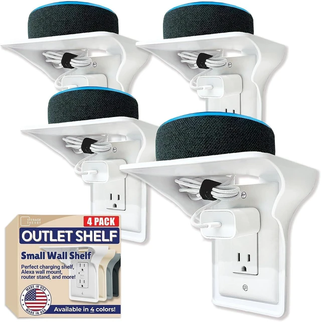 Main image of Power Perch Outlet Shelf, 4-Pack White No-Drill Renter-Friendly Wall Shelf for Alexa, HomePod Mini & Bathroom, Cord Storage Strap, USA Made