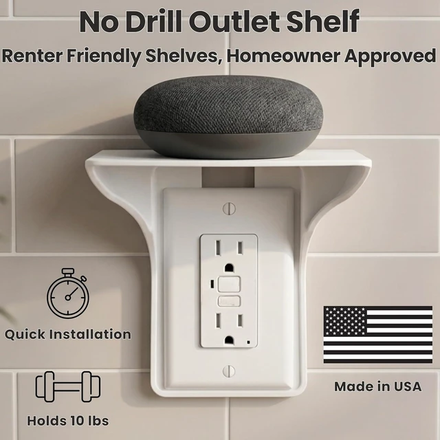 Alt view image 3 of 7 - Power Perch Outlet Shelf, 4-Pack White No-Drill Renter-Friendly Wall Shelf for Alexa, HomePod Mini & Bathroom, Cord Storage Strap, USA Made