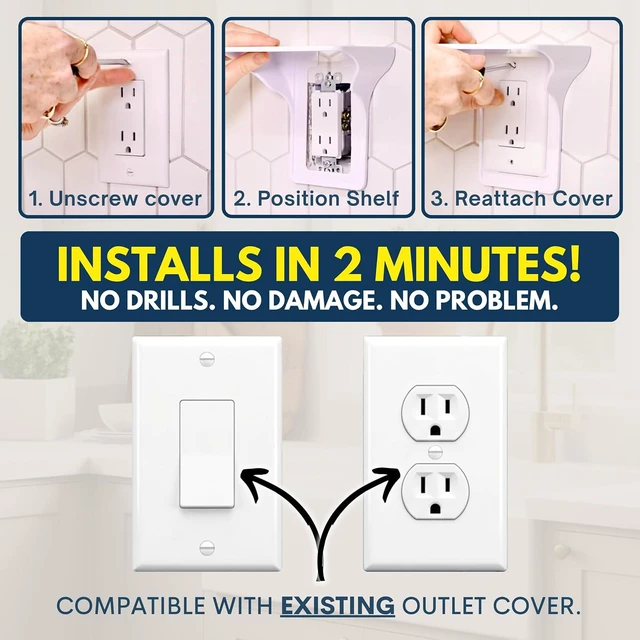 Alt view image 4 of 7 - Power Perch Outlet Shelf, 4-Pack White No-Drill Renter-Friendly Wall Shelf for Alexa, HomePod Mini & Bathroom, Cord Storage Strap, USA Made