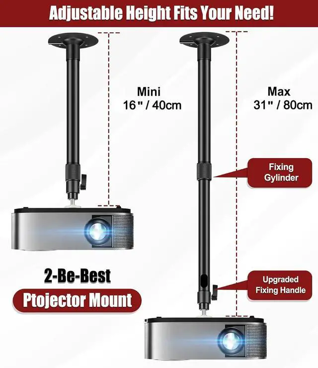 Alt view image 2 of 7 - Projector Mount Length 16-31in / 40-80cm Long Projector Ceiling Mount 360° Rotatable Ceiling Projectors Mounts Adjustable Bracket Mount Black
