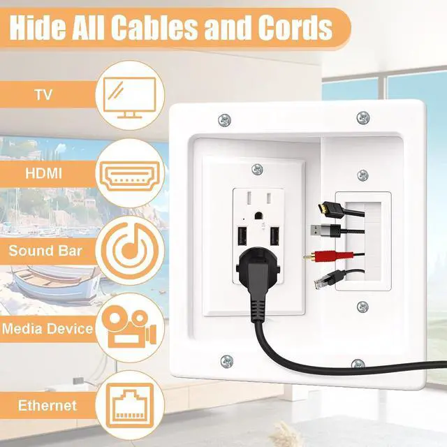 Alt view image 3 of 7 - TV Cord Hider for Wall Mounted TV, in-Wall Cable Management System with Recessed Power Outlet, Power & Low Voltage Cable Concealer Kit for Clean and Organized Home Theater Setup(AC+ USB)